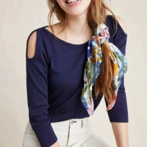 NWT new Anthropologie Jane ribbed top cold shoulder m medium modal cotton blue